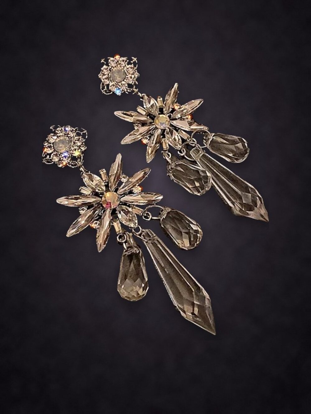 Crystal Starburst Drop Earrings with Clear Pointed Teardrop, Platinum Plated NWT